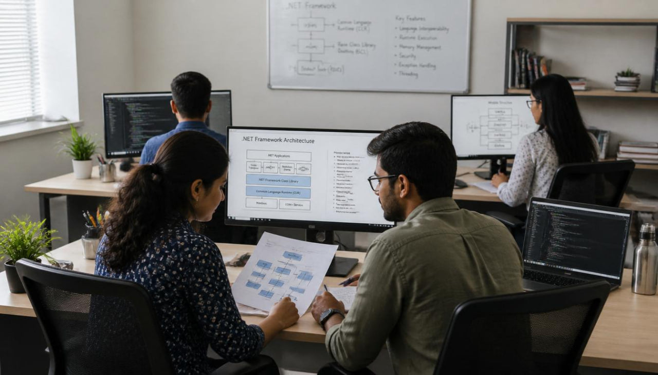 Group of people working at computers in a modern office setting