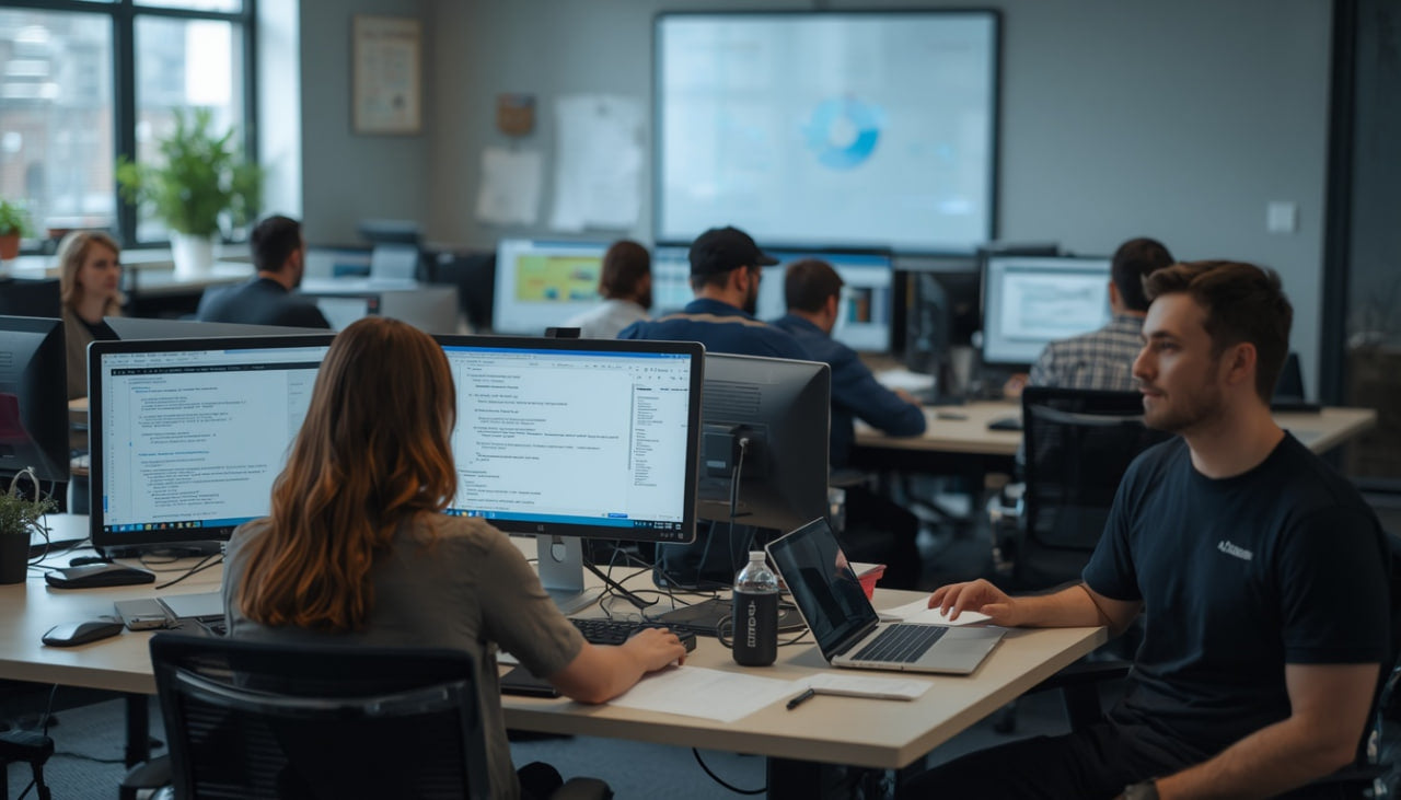 People working at computers in a modern office setting