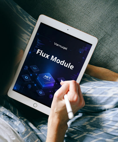 Person holding a tablet displaying 'Varnuqel Flux Module' on a bed