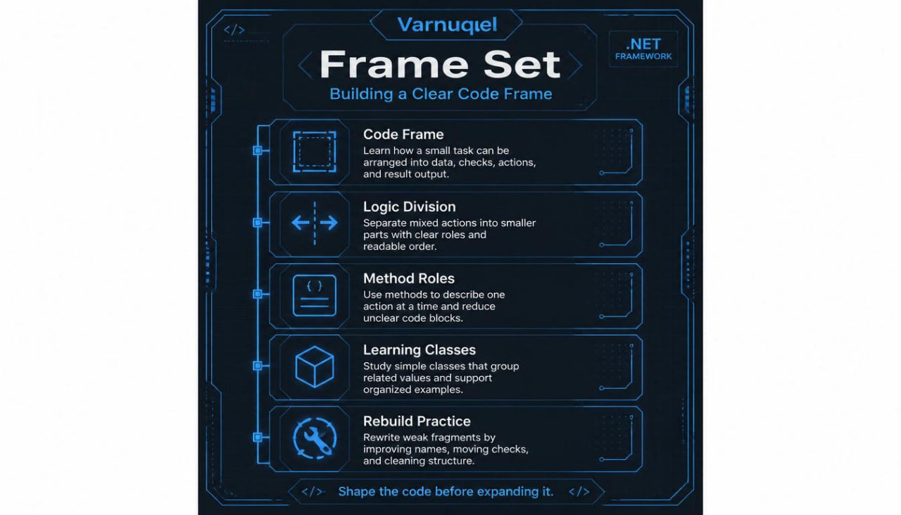 Varnuquel Frame Set diagram with text and icons on a dark background