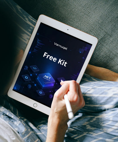 Person holding a tablet with Varnuqel Free Kit displayed on the screen.