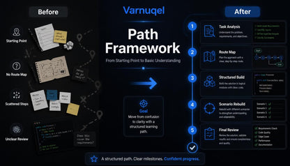 Varnquel Path Framework diagram showing a before and after comparison on a dark background.