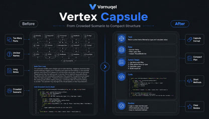 Comparison of 'Before' and 'After' designs for Vertex Capsule by Varnugel on a dark background.